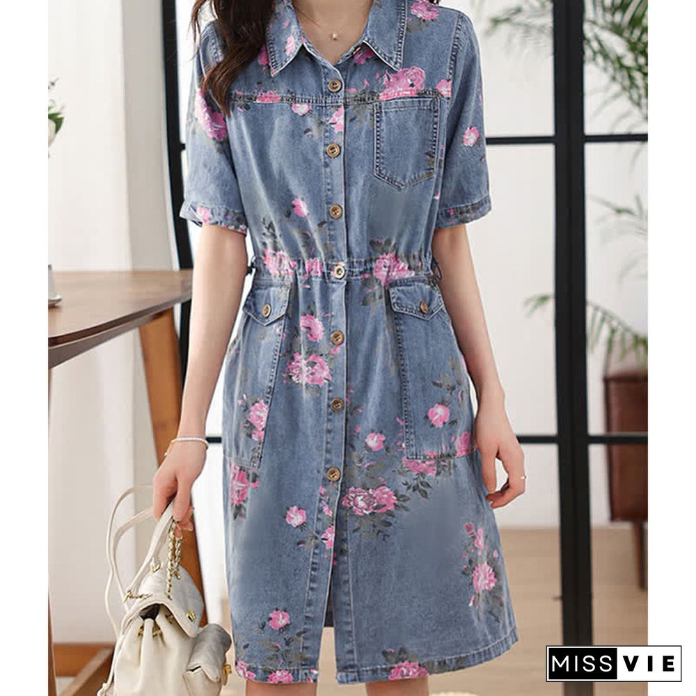 Floral Print Drawstring Lapel Denim Dress