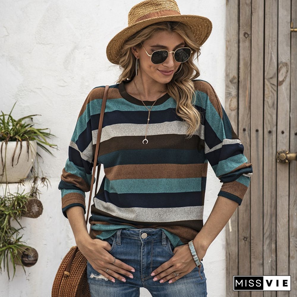 Basic Striped T-shirt Women Plus Size S-5XL Multi Colors Casual Cotton Stretchy Long Sleeve Tops Tee Spring Autumn