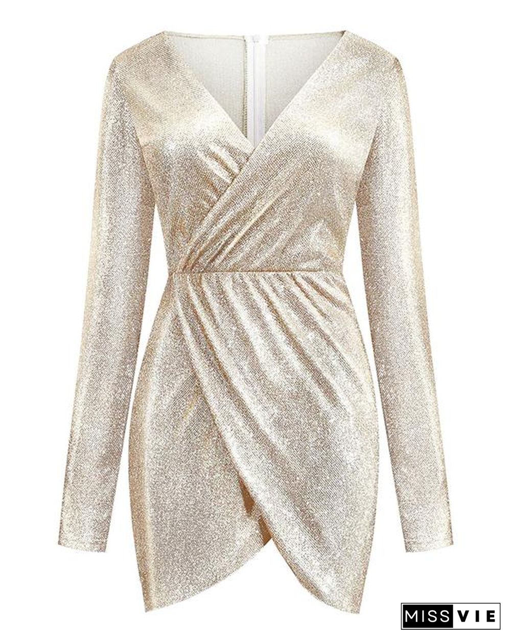 Sexy Sequins V Neck Long Sleeve Slit Dress