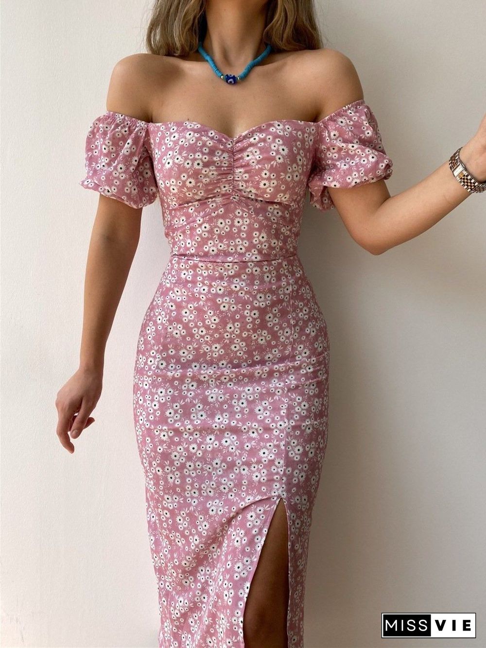 Women's Floral Boho Dress Buttock Slit One Line Collar Dress Classic Floral Temperament Thin Dress Vestido Feminino