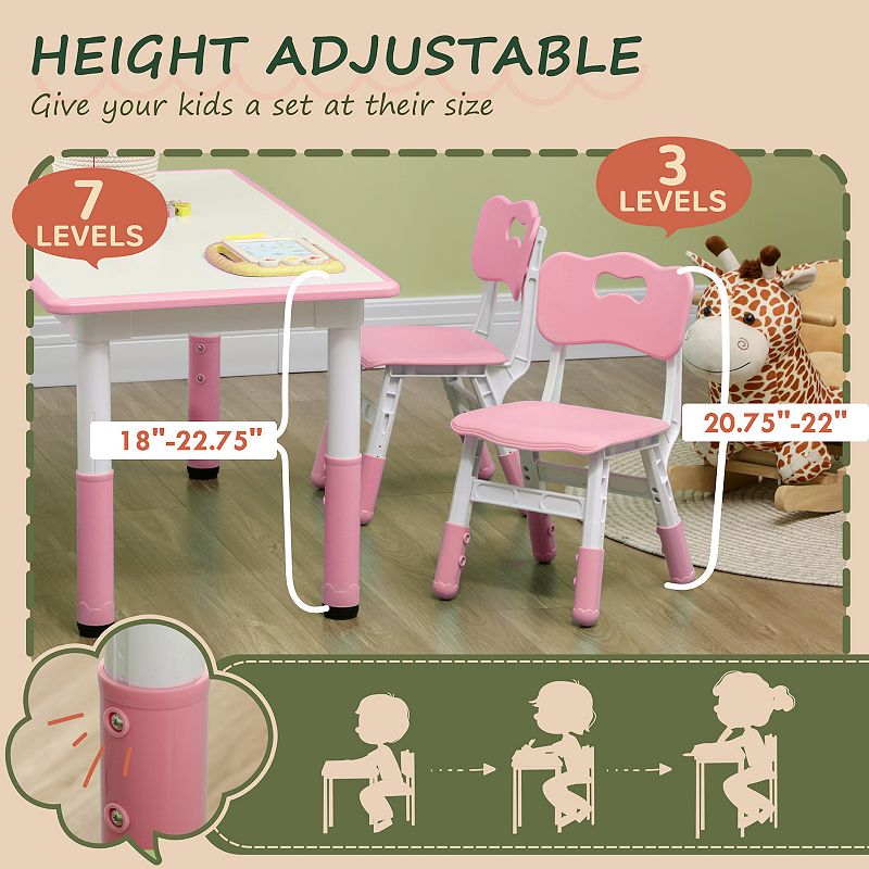 Qaba Kids Table and Chair Set with 4 Chairs， Adjustable Height， Easy to Clean Table Surface， for 1.5 - 5 Years Old