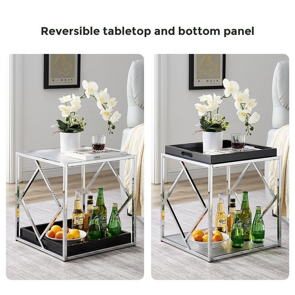 VANOMi 18'' Tray Top End Table Side Table With Stainless Steel Frame and Tempered Glass Panel - 18''x18''x19''