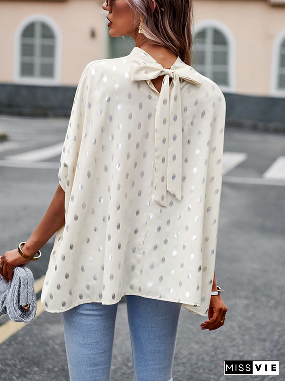 Loose Bandage Polka Dot Round-Neck Blouses&Shirts Tops