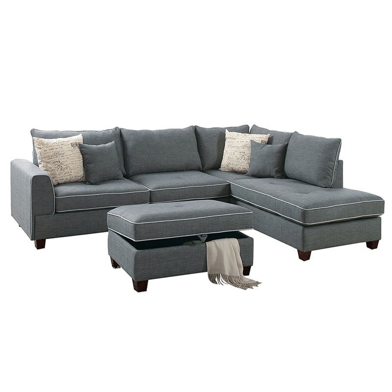 Bobkona Rianne Dorris Reversible Sectional with Storage Ottoman set in Slate.