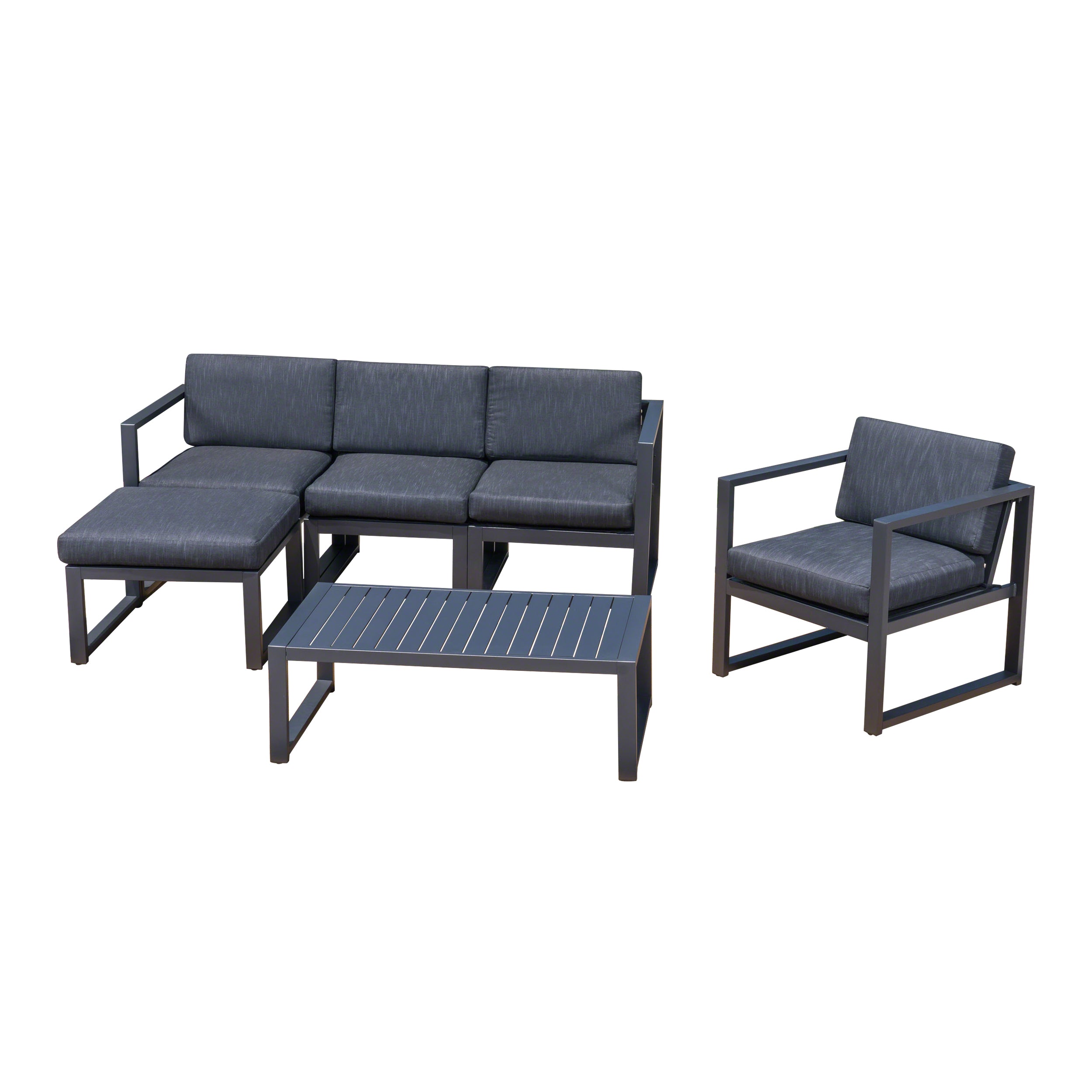 Wos Outdoor 4-Seater Aluminum Sofa Set with Ottoman and Coffee Table, Black and Dark Gray