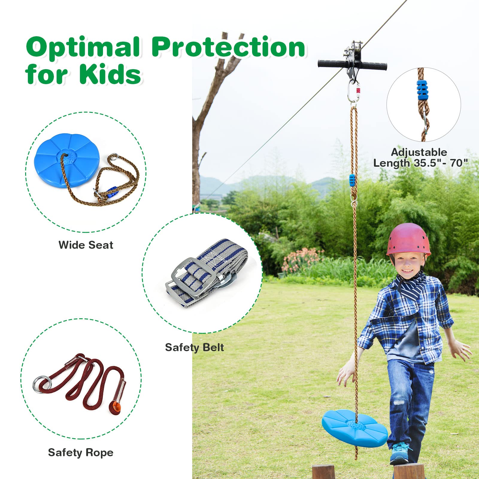 Costzon 100 FT Zipline for Backyard, Outdoor Zipline Kit for Kids