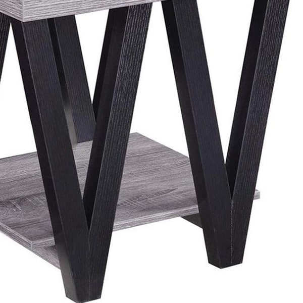 Zig-zag Contemporary Solid Wooden End Table With Bottom Shelf， Grey And Black