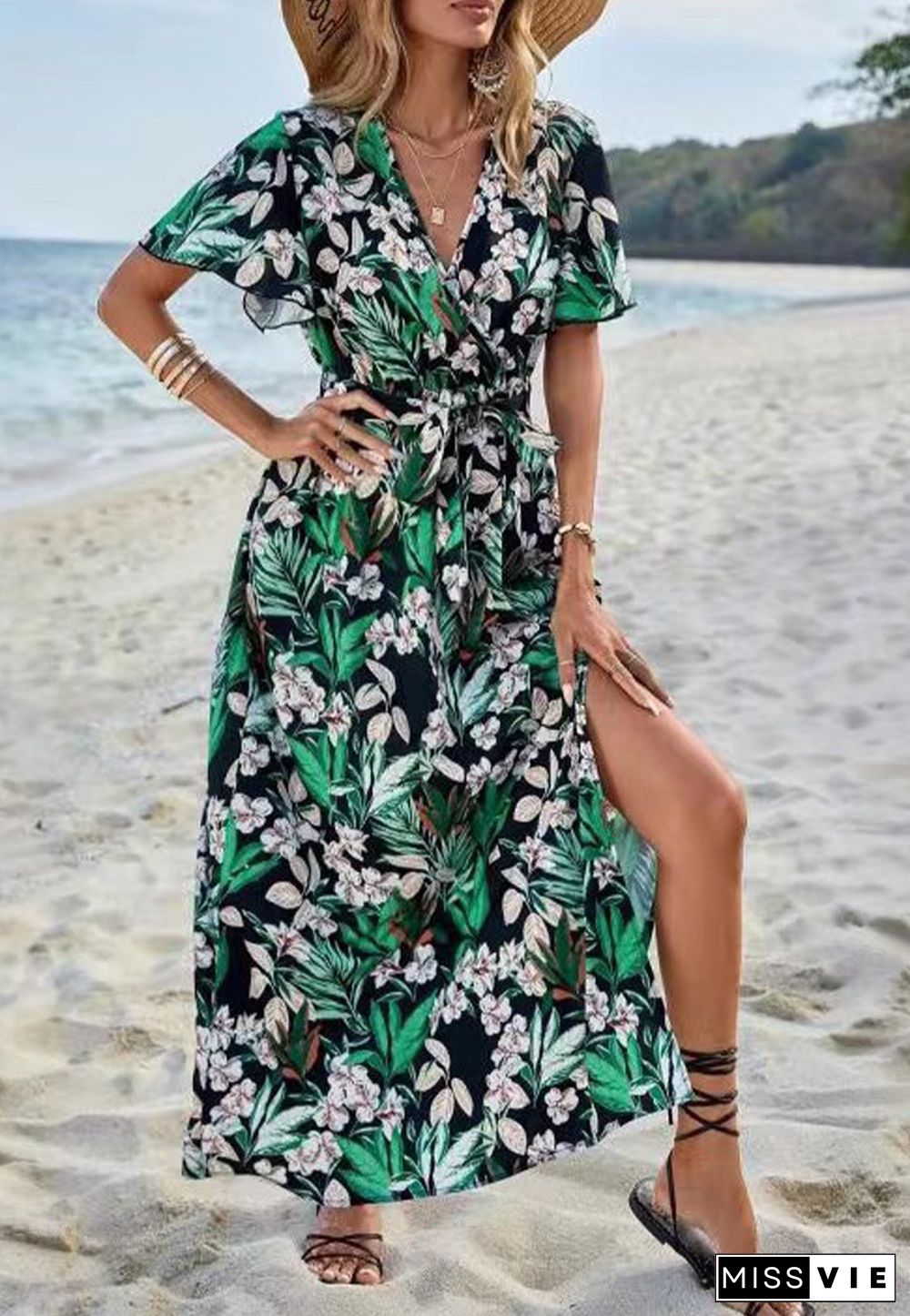 Tropical Floral Print Slit Dress