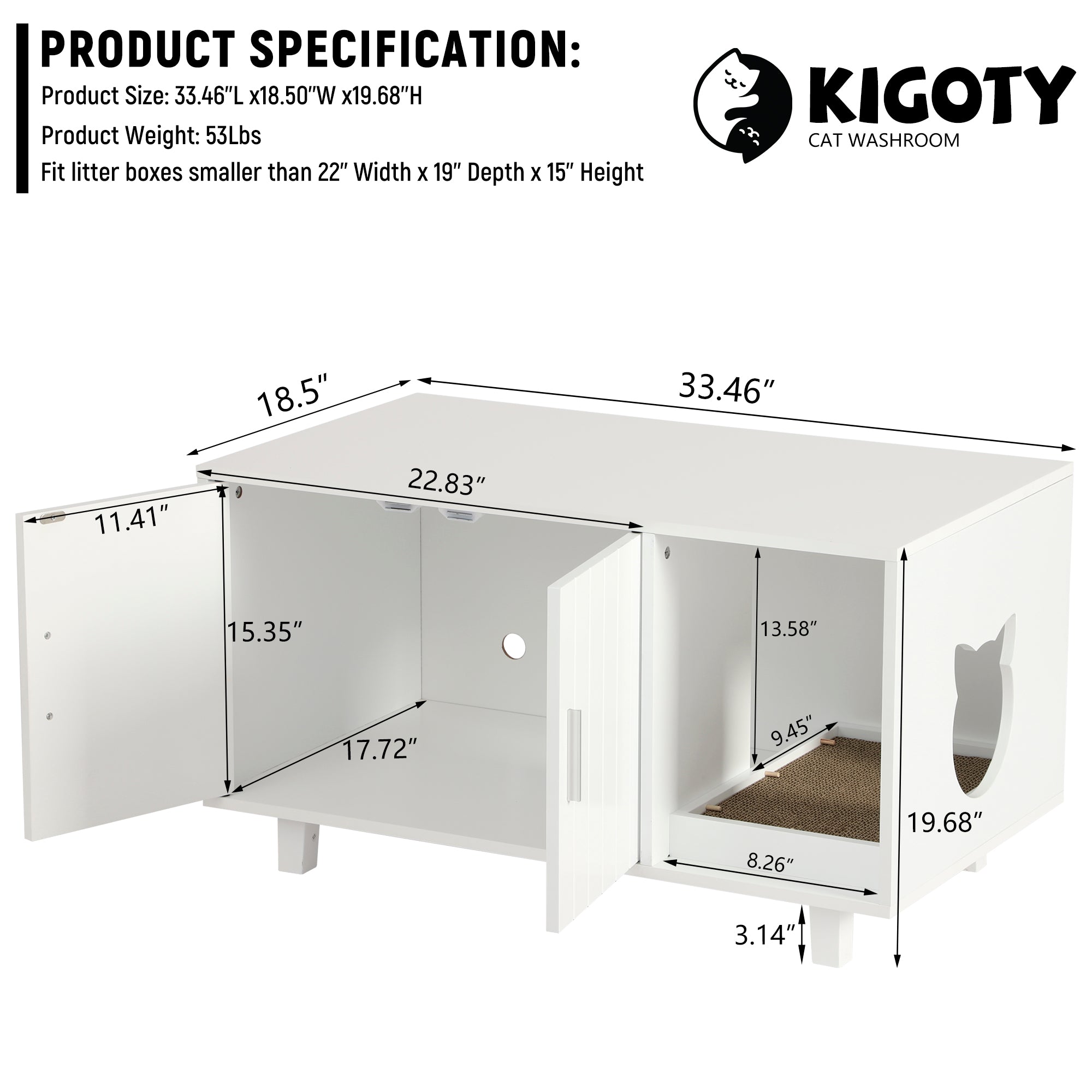 KIGOTYCat Litter Box Enclosure， Cat Litter Box Furniture Hidden Cat Washroom Furniture House Table Nightstand with Cat Scratch Pad， White