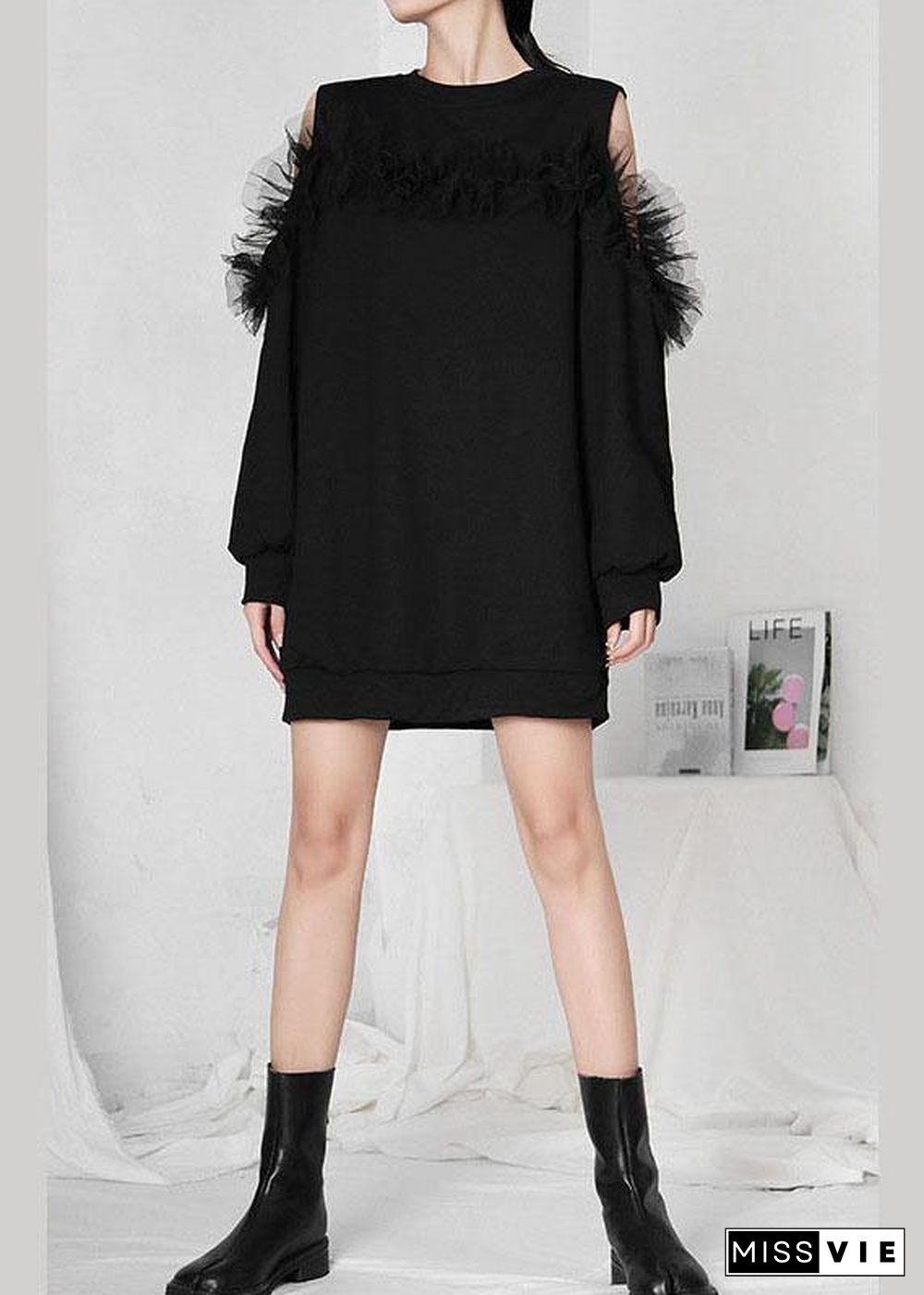 Boho Black Patchwork Tulle Cold Shoulder Long sleeve Pullover Sweatshirt