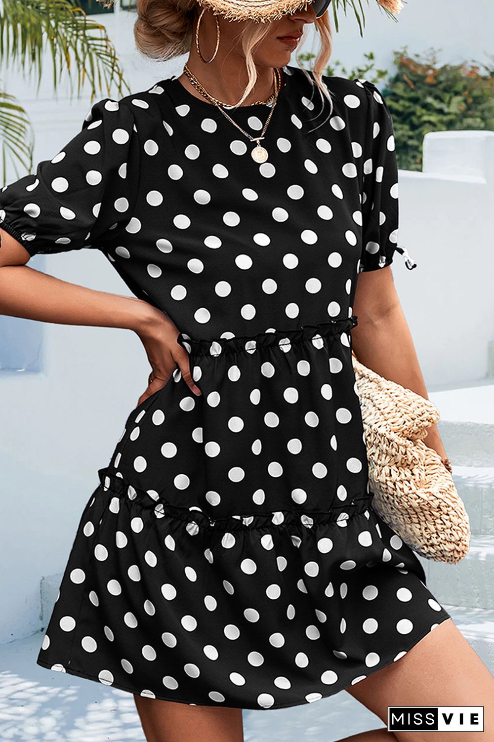 Polkadot Short Sleeves Splicing Ruffle Dress