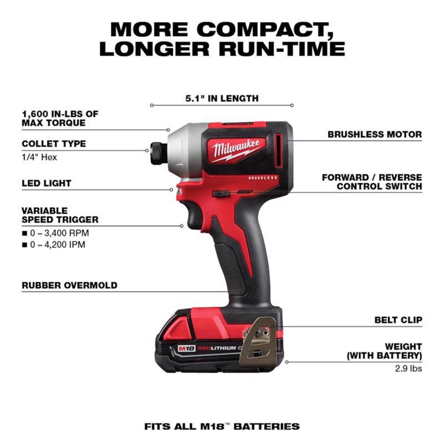 MW M18 18 V 1/4 in. Cordless Brushless Impact Driver Kit (Battery \u0026 Charger)