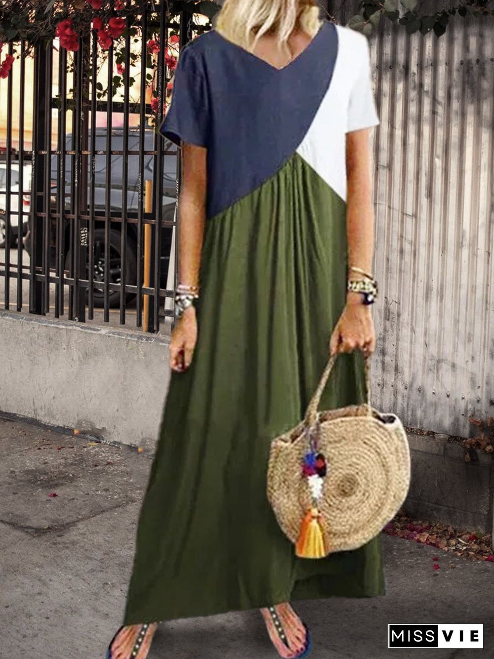 Women Casual Solid Color Cotton V Neck Plus Size Maxi Dresses