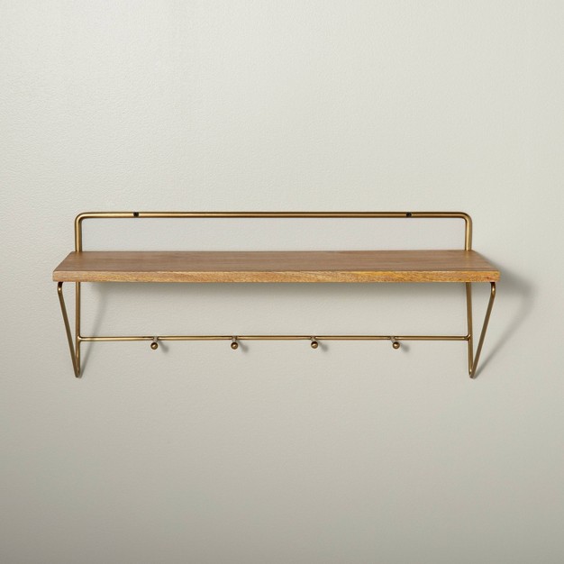 Wood amp Brass Wall Shelf With Hooks With Magnolia