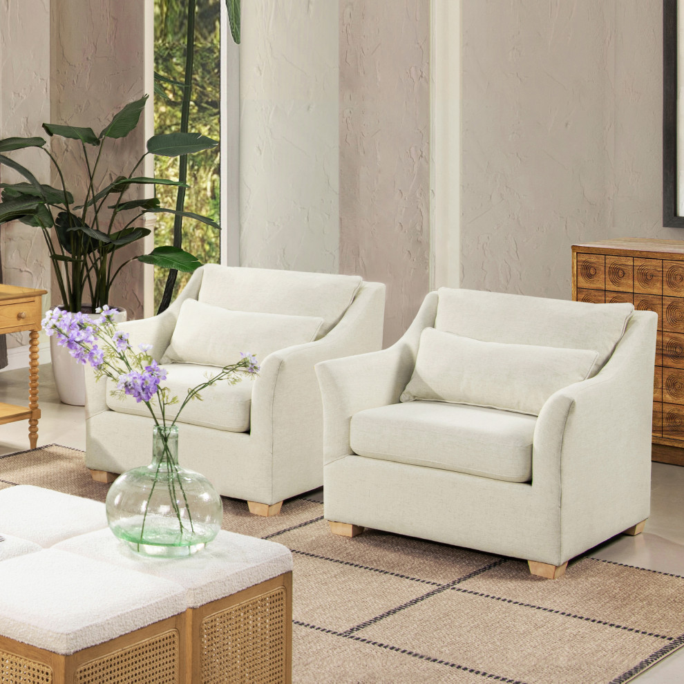 Ada 38 quotFlared Arm Contemporary Armchair with Lumbar Pillow  Flax White Linen   Transitional   Armchairs And Accent Chairs   by Jennifer Taylor Home  Houzz