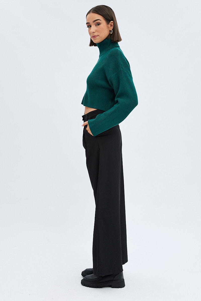 Black Wide Leg Pants Turn Down Waist Low Rise
