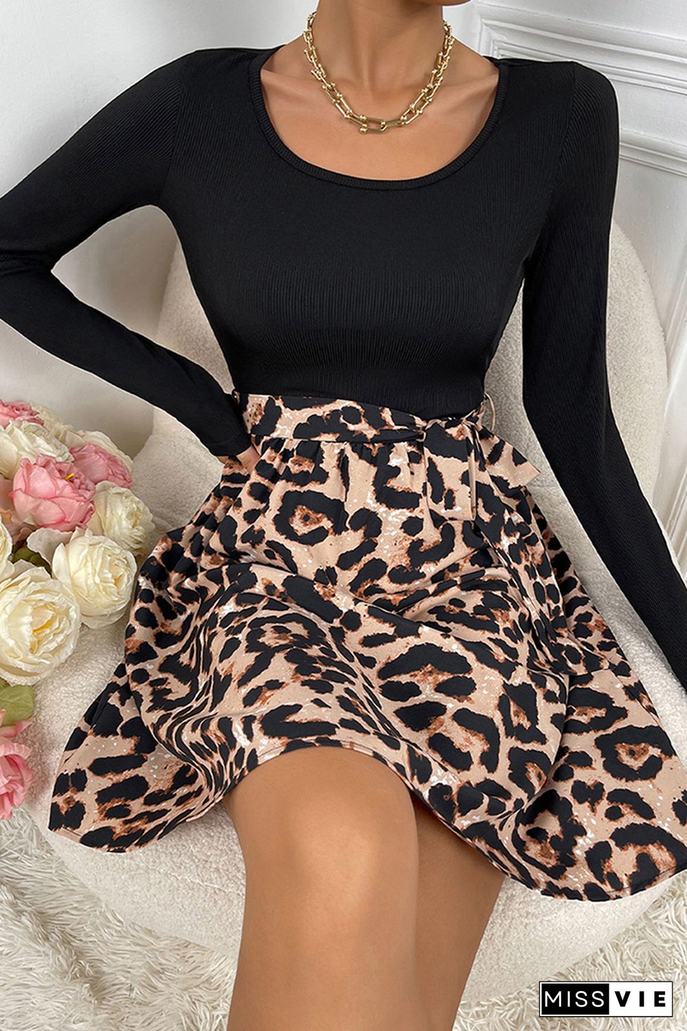 Long Sleeve Waist Tie Leopard Dress