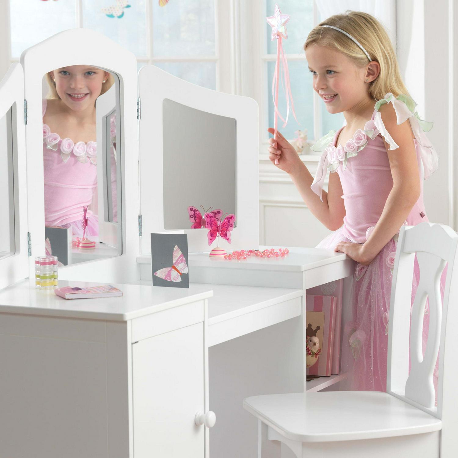 KidKraft Wooden Deluxe Vanity and Chair with Triple Mirror and Shelves White  Crowdfused