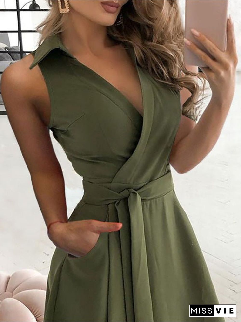 Women'S Dresses Solid V-Neck Belted Sleeveless Dress