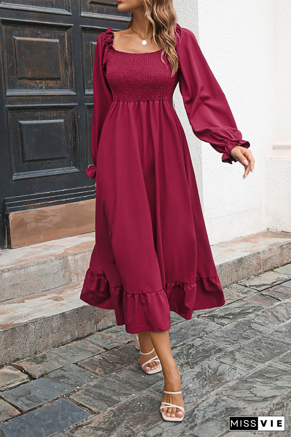 Smocked Square Neck Ruffles Maxi Dress