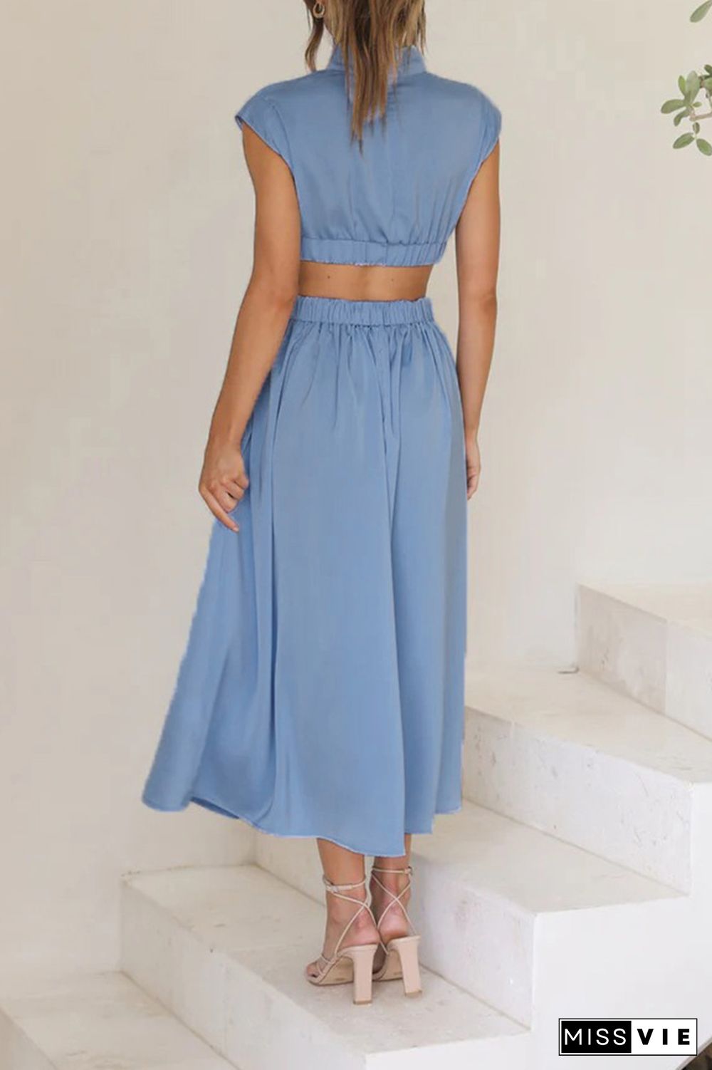 Plain Frilled High Collar Cut Out Waist Maxi Dress