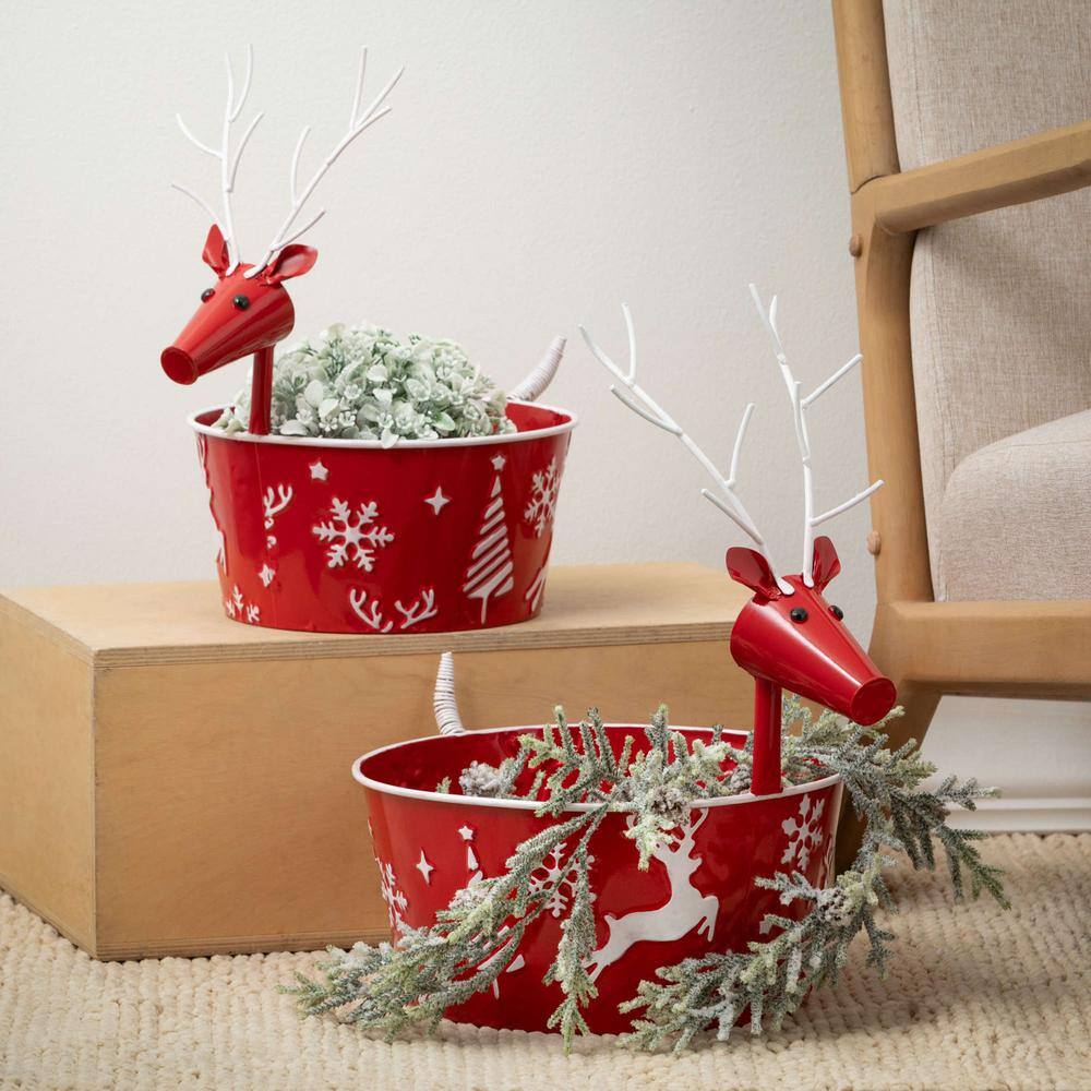 SULLIVANS 15.5 in. and 18 in. Embellished Red Reindeer Christmas Pots Set of 2 Red and White MET2362