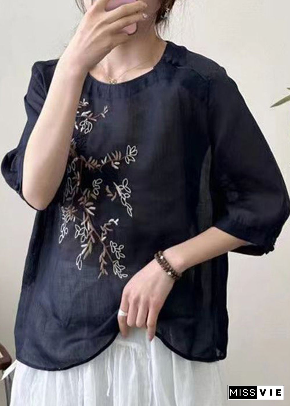 New Black O-Neck Embroideried Patchwork Cotton T Shirt Half Sleeve