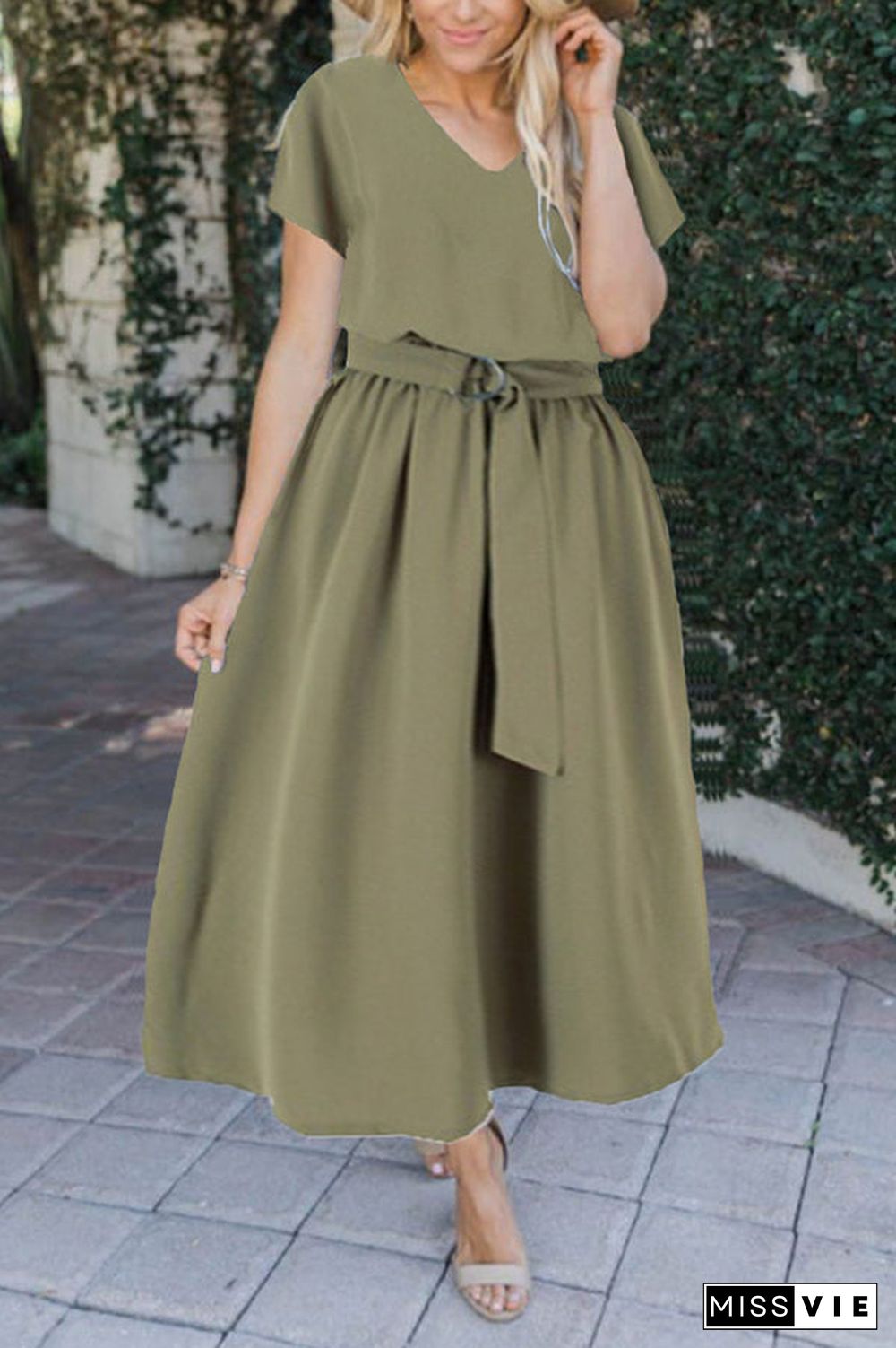 V Neck Belted Maxi Dress