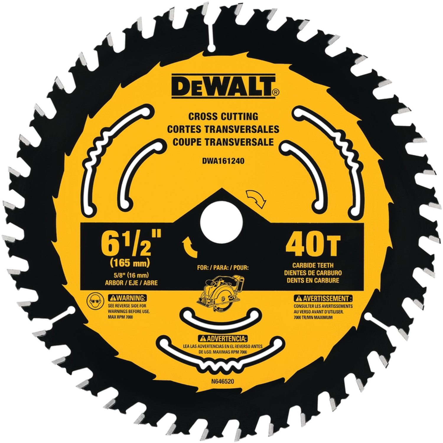 DW 6-1/2 in. D X 5/8 in. Tungsten Carbide Circular Saw Blade 40 teeth 1 pk