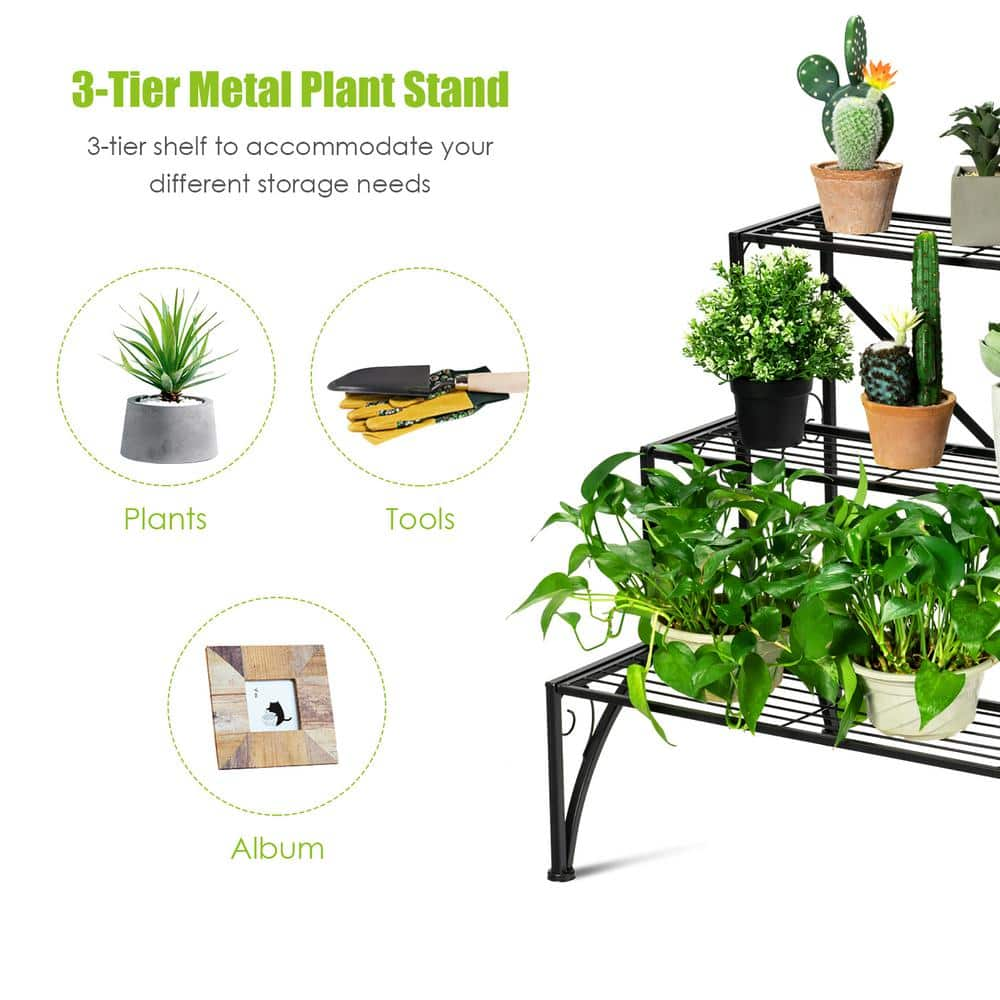 Costway Plant Rack Iron Plant Stand Garden Shelf Stair Style Decorative (3-Tier) HZ10027