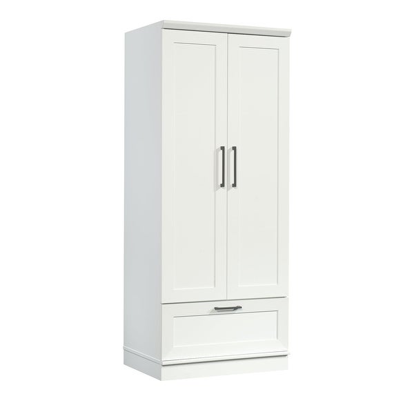 Wood Wardrobe with Drawer and Adjustable Base Level in White - - 36787133