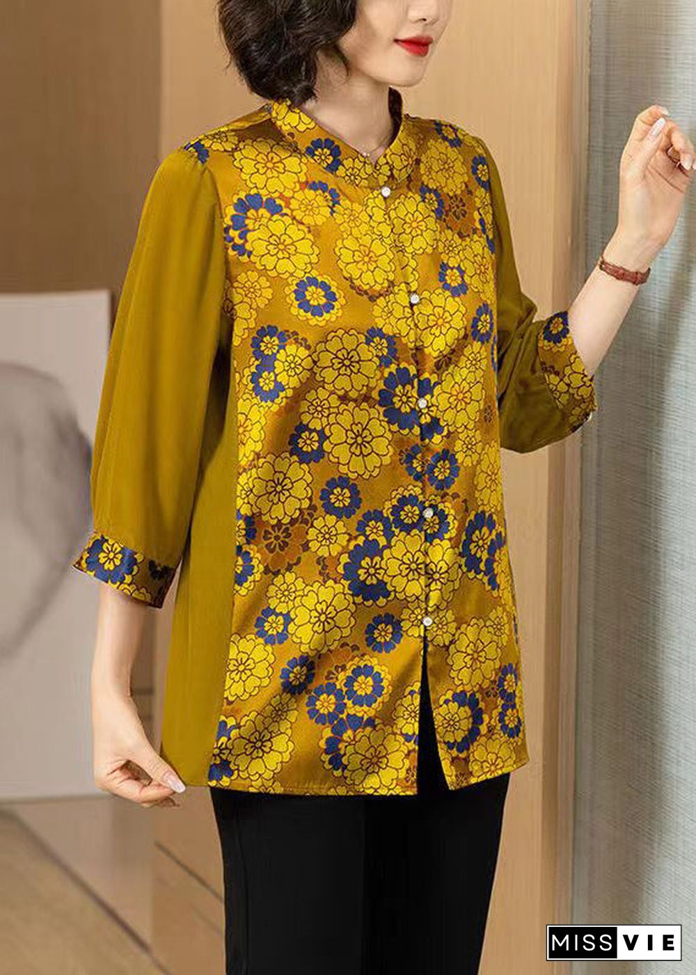 Women Yellow Print Button Patchwork Silk Shirt Bracelet Sleeve