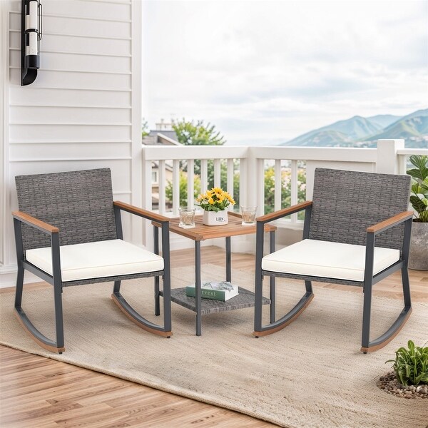 3 Pieces Rocking Wicker Bistro Set，Patio Outdoor Furniture Conversation Sets with Porch Chairs and Glass Coffee Table