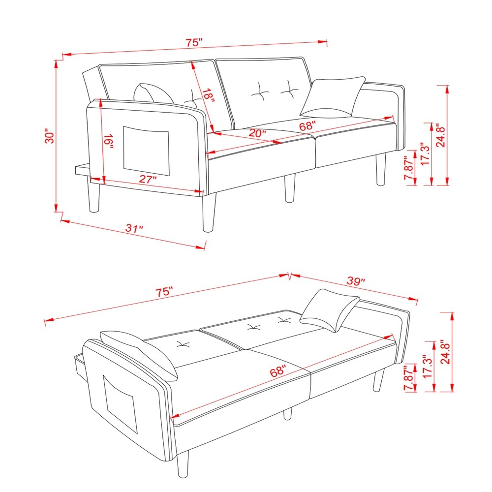 Soft cotton linen fabric sofa bed with one pocket on the left and right  suitable for small space and easy assembly