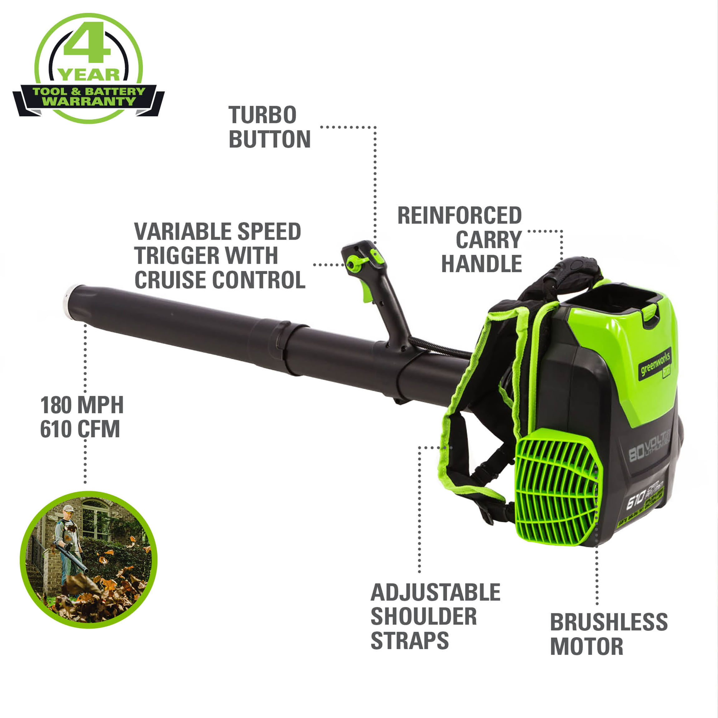 Greenworks 80V 580 CFM Cordless Brushless Backpack Blower， Battery Not Included， 2403802