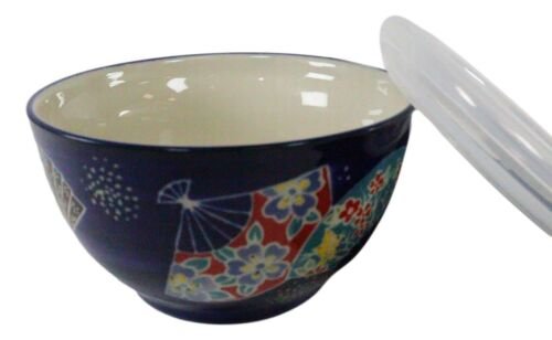 1 Pack of 2 Ceramic Blue Oriental Fans Portion Meal Bowls 2 Cups W/ Lid EBR02