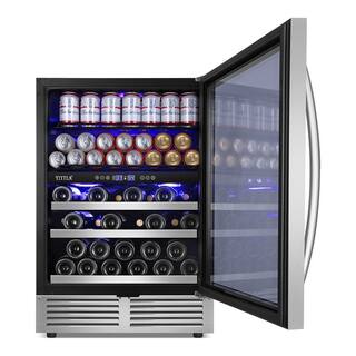 TITTLA 23.47 in. Dual Zone 29-Wine Bottles  90-Cans Beverage  Wine Cooler in Silver Reversible Door Hinge Interior Blue LED KMYC150-2