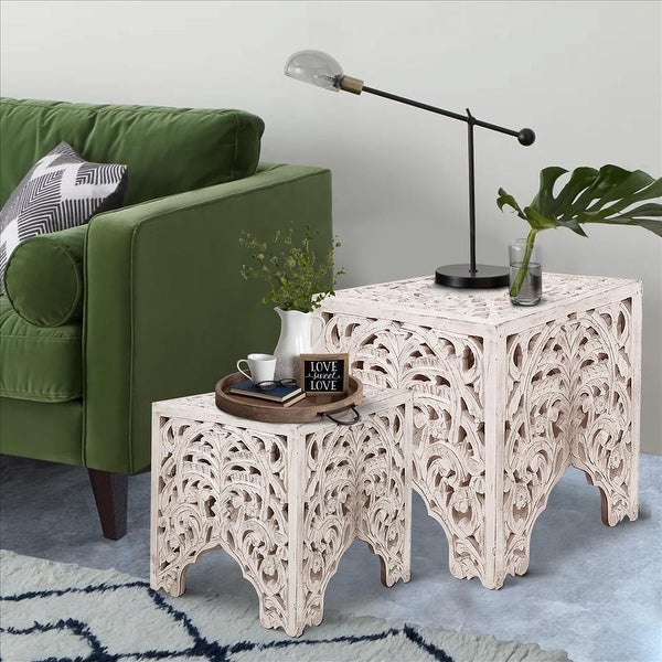 Wooden End Table with Floral Cut Out Design， Set of 2， Antique White - 18 H x 18 W x 18 L Inches