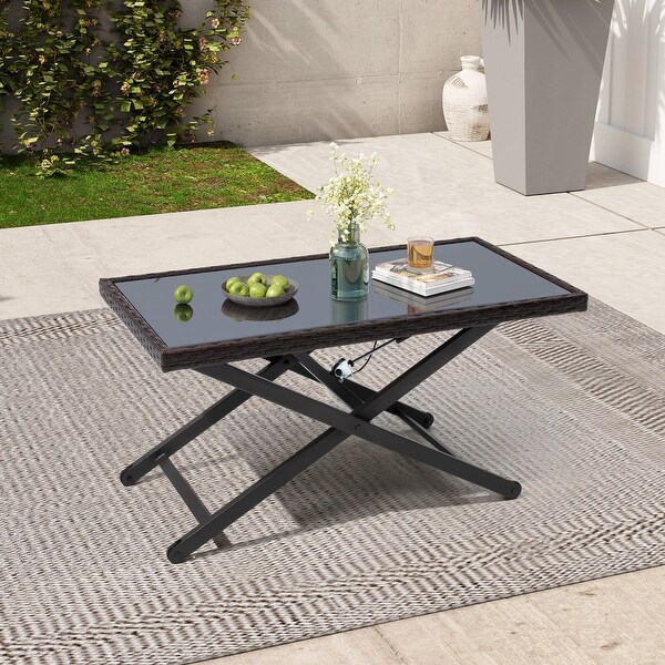 Outdoor Coffee Table Side Table Fits with Conversation Set，PE Rattan and Glass Tabletop，Adjustable Height