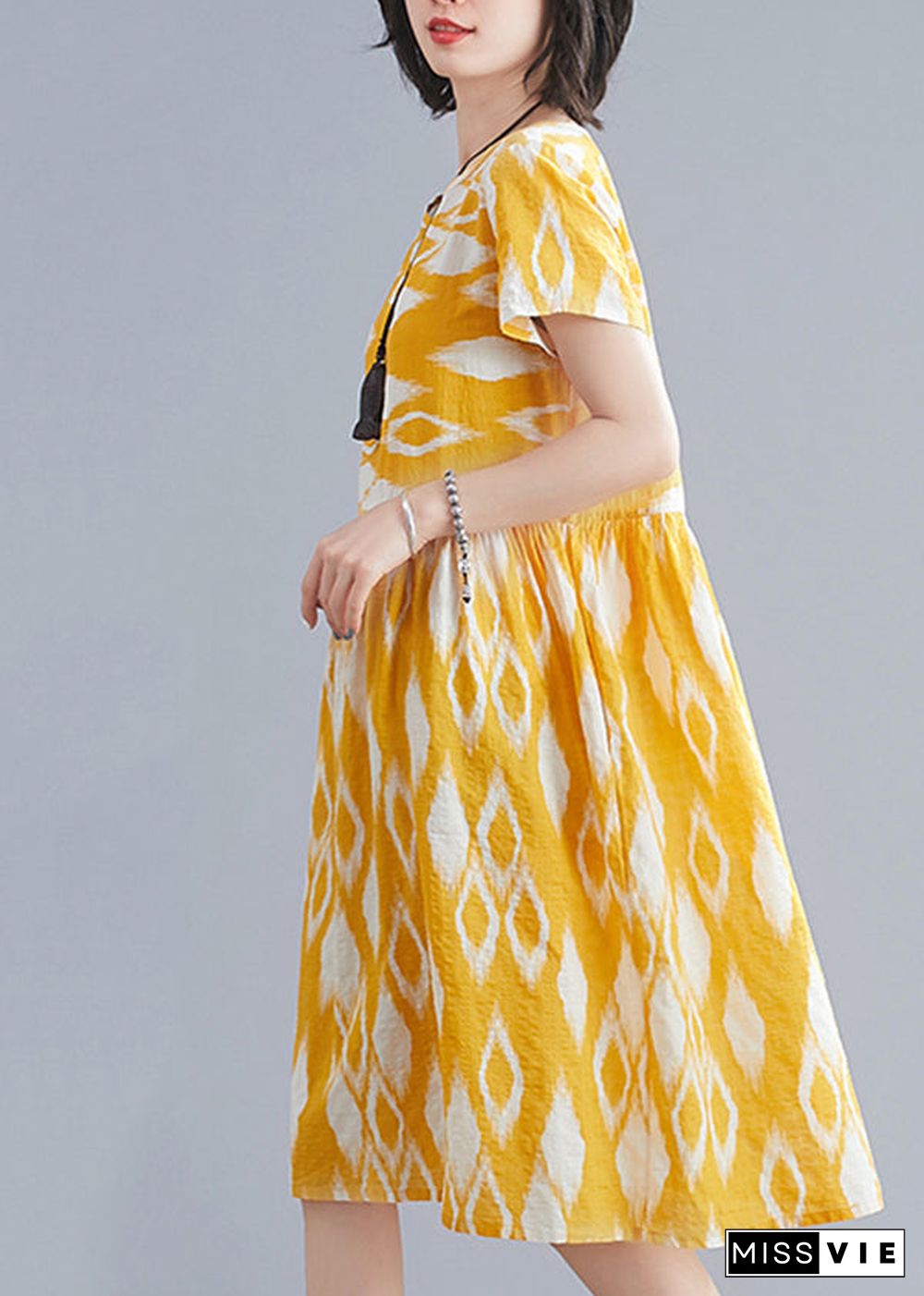 Bohemian Yellow O-Neck Wrinkled Print Cotton Beach Dresses Short Sleeve