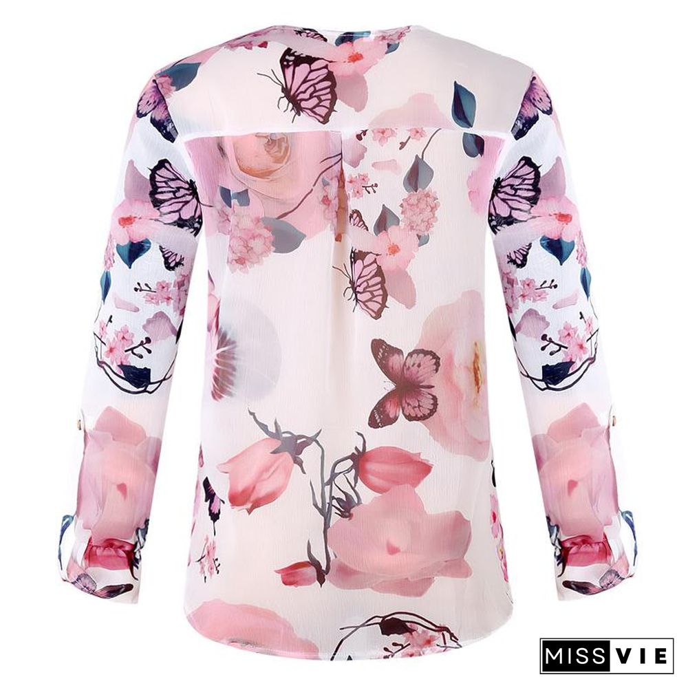 Floral Breeze V-Neck Buttons Long Sleeves Shirt Top