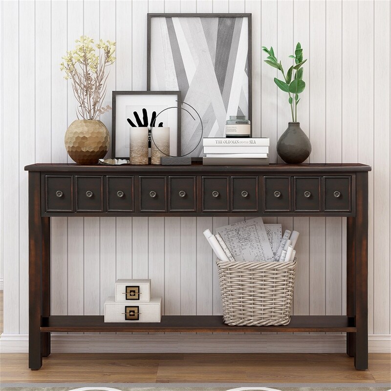 Rustic Entryway Console Table，Long Sideboard with DrawersandBottom Shelf