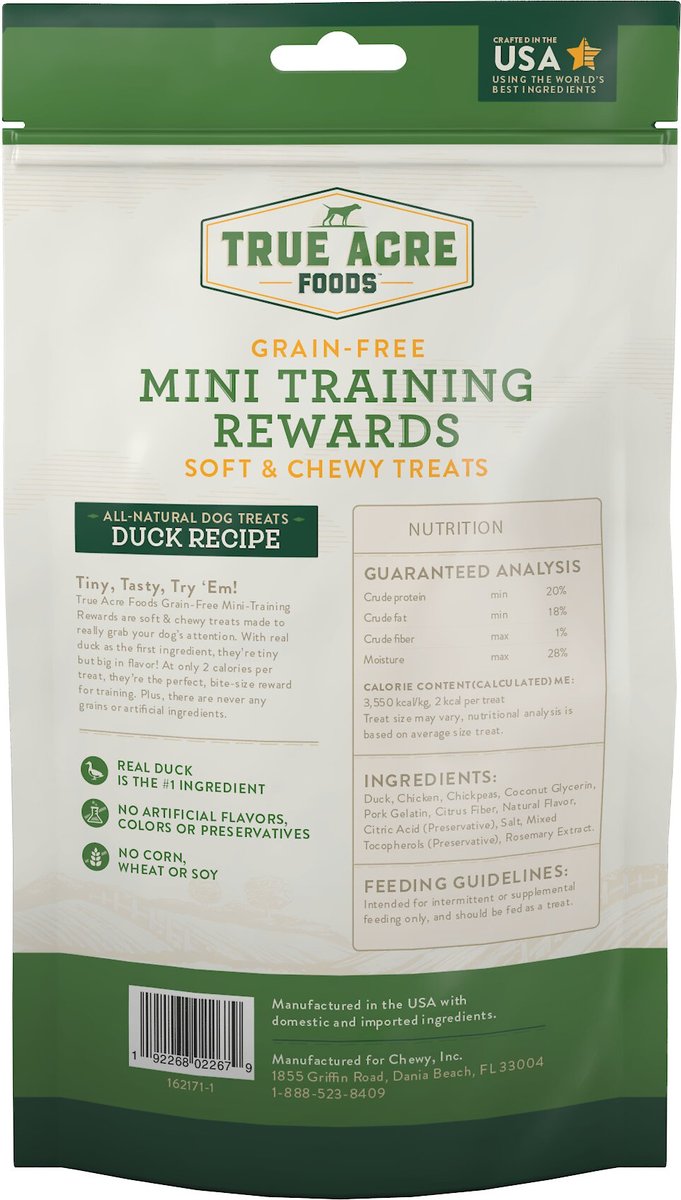 True Acre Foods Duck Recipe Mini-Training Rewards Grain-Free Soft and Chewy Dog Treats