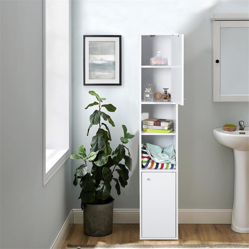 White Bathroom Storage Cabinet with Shelf Narrow Corner Organizer   N/A