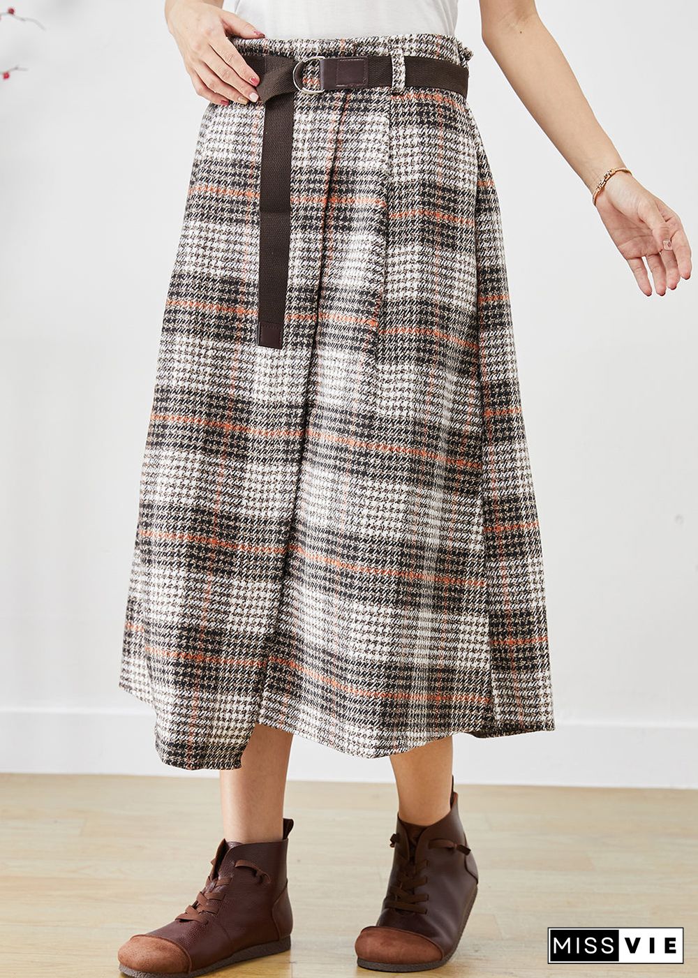 Beige Plaid Woolen Skirts Asymmetrical High Waist Fall