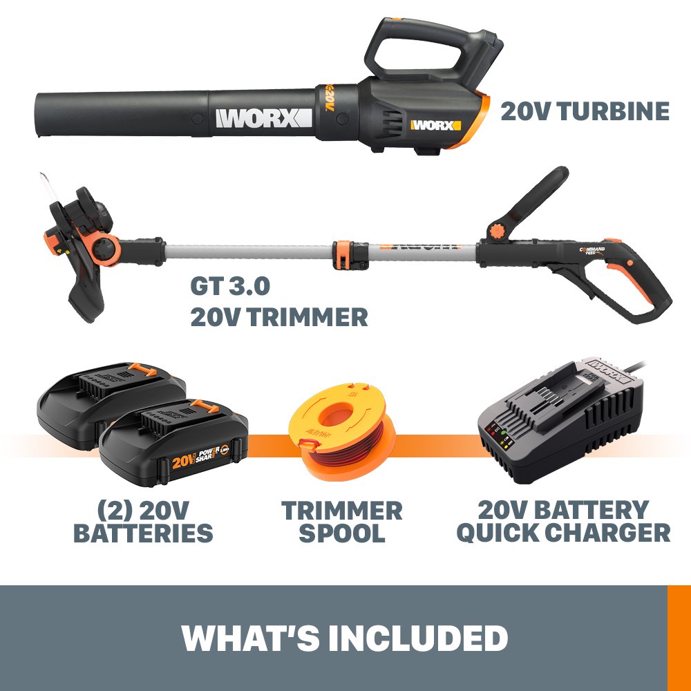 Worx WG928 Power Share 20V Cordless Lit-Ion 12in String Trimmer and Leaf Blower Combo Kit (2 Tool) with 2 Batteries and Charger