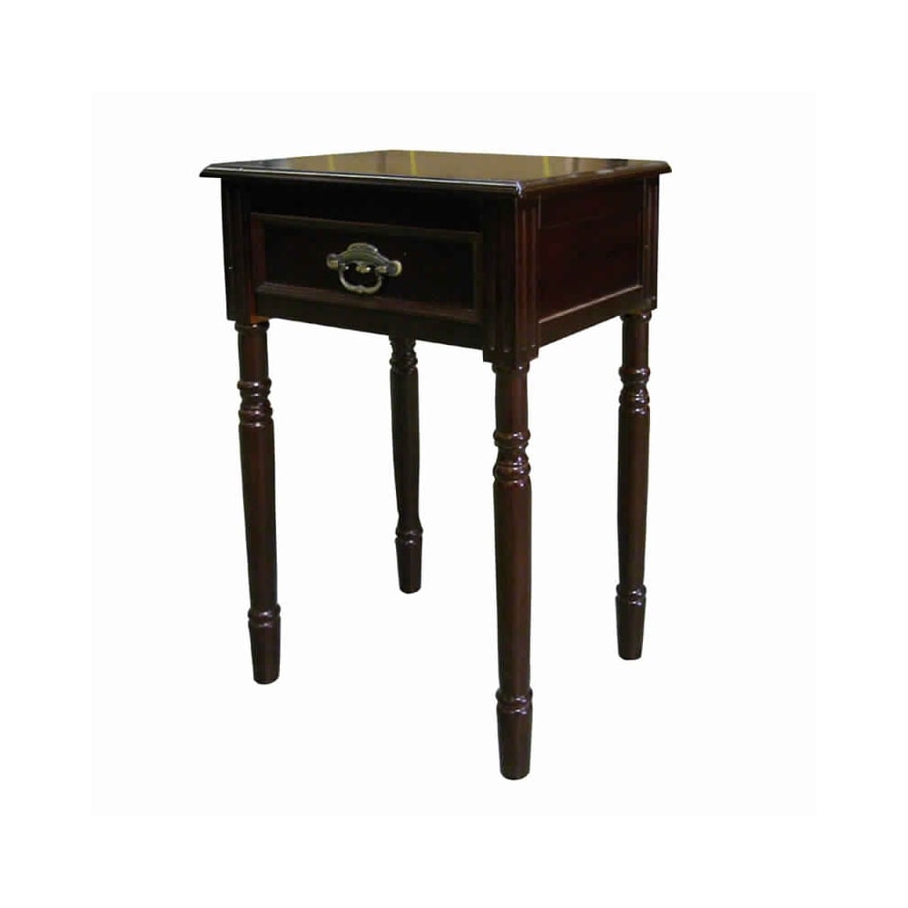 Square Shaped End Table with Turned Tapered Legs and 1 Drawer， Cherry Brown