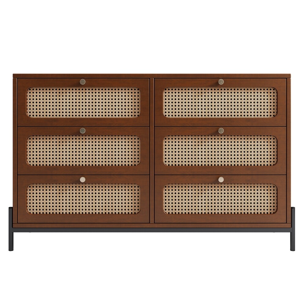 Modern Cannage Rattan Wood Closet 6 Drawer Dresser for Bedroom