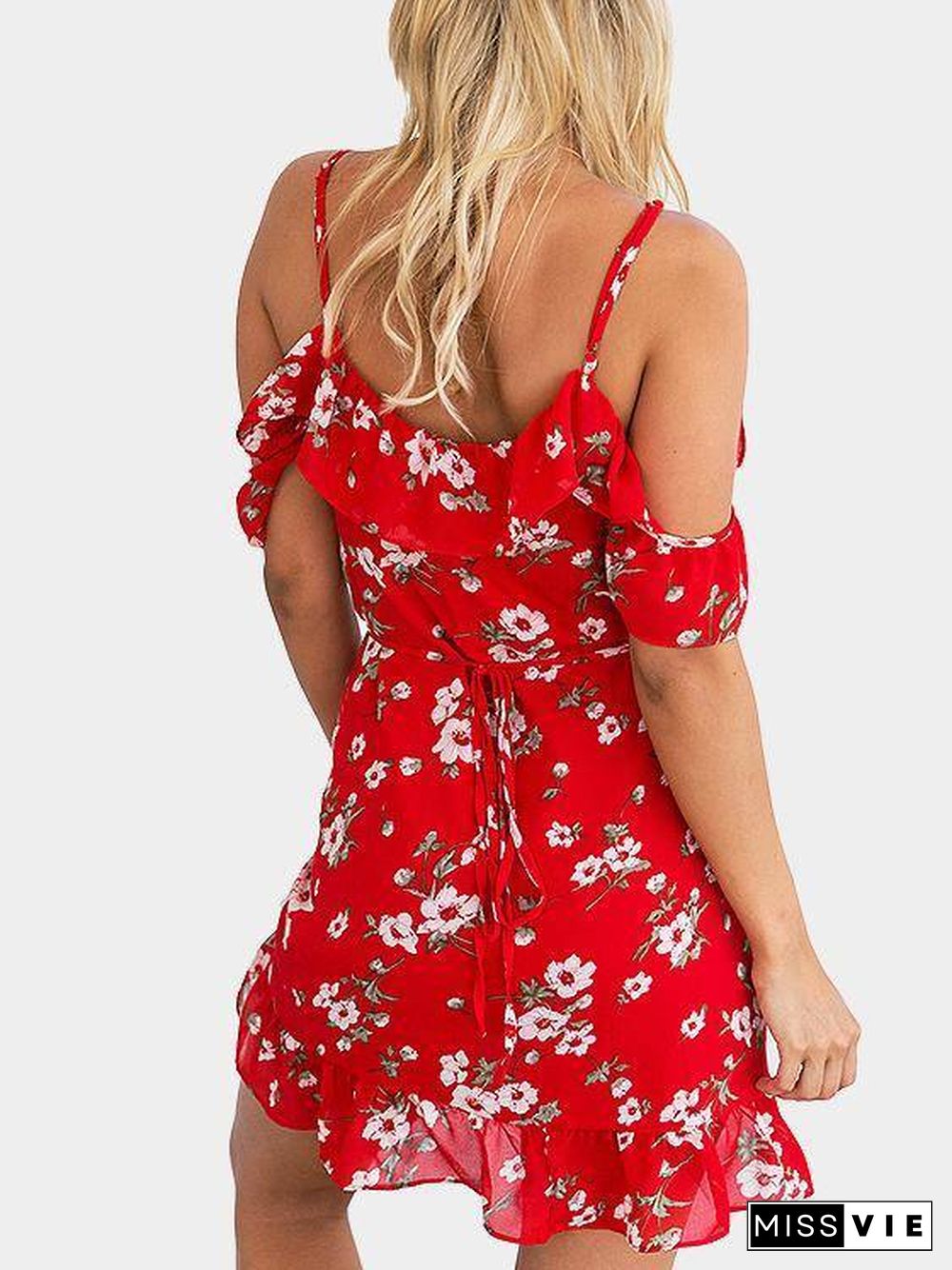 Red Floral Print V Neck Ruffle Cold Shoulder Mini Dress