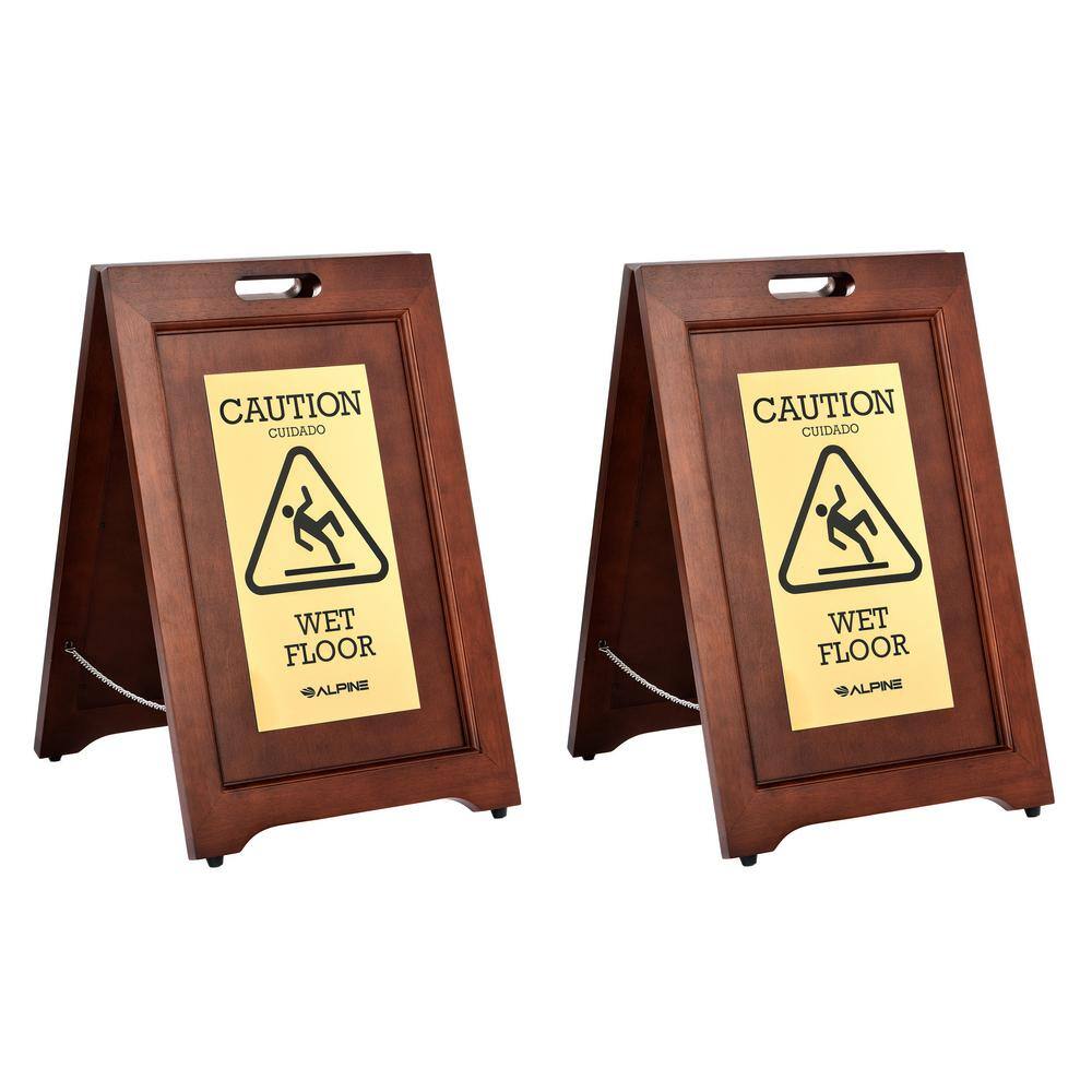 Alpine Industries 24 in. 2-Sided Brass Plated Wooden Bilingual Wet Floor Sign (2-Pack) 499-BRA-2PK